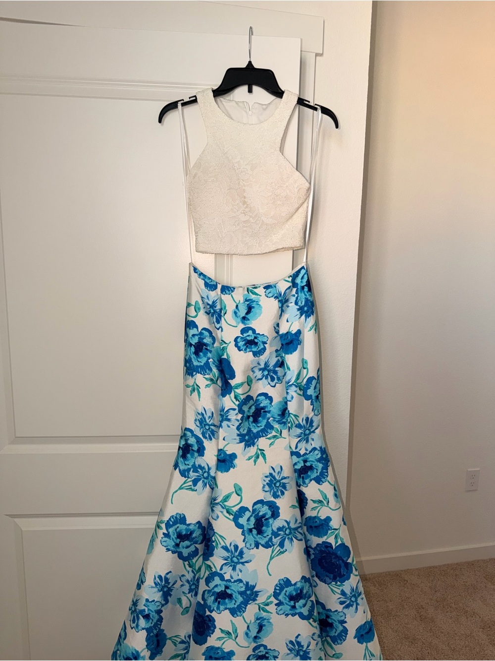 Macy's White Lace Crop Top with Blue Floral Skirt Prom Dress